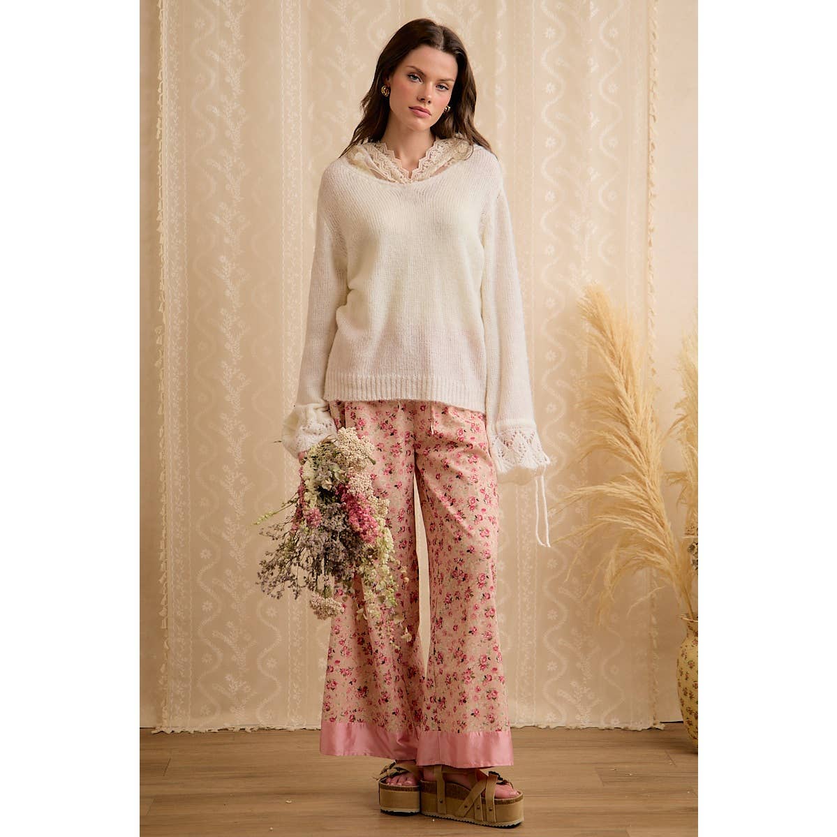 Colette Lace-Trim Hooded Knit Sweater Top