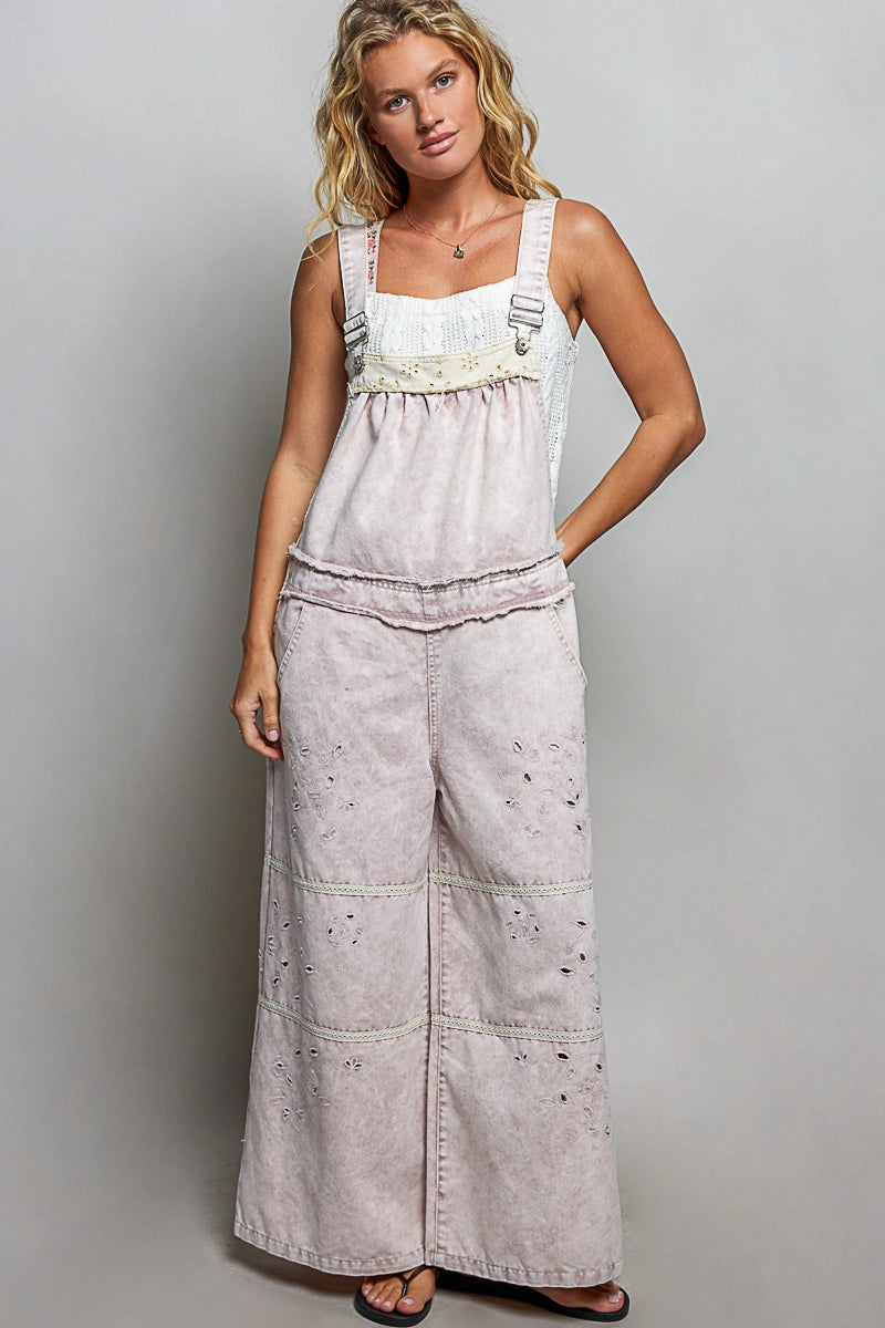 Laser-Cut Trim Denim Overalls