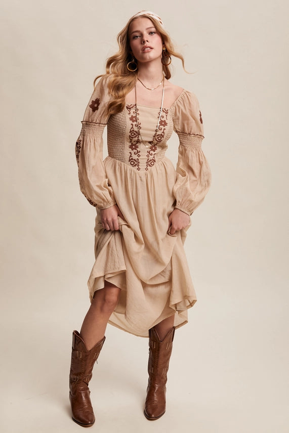 Embroidered Puff Sleeve Maxi Dress - Taupe
