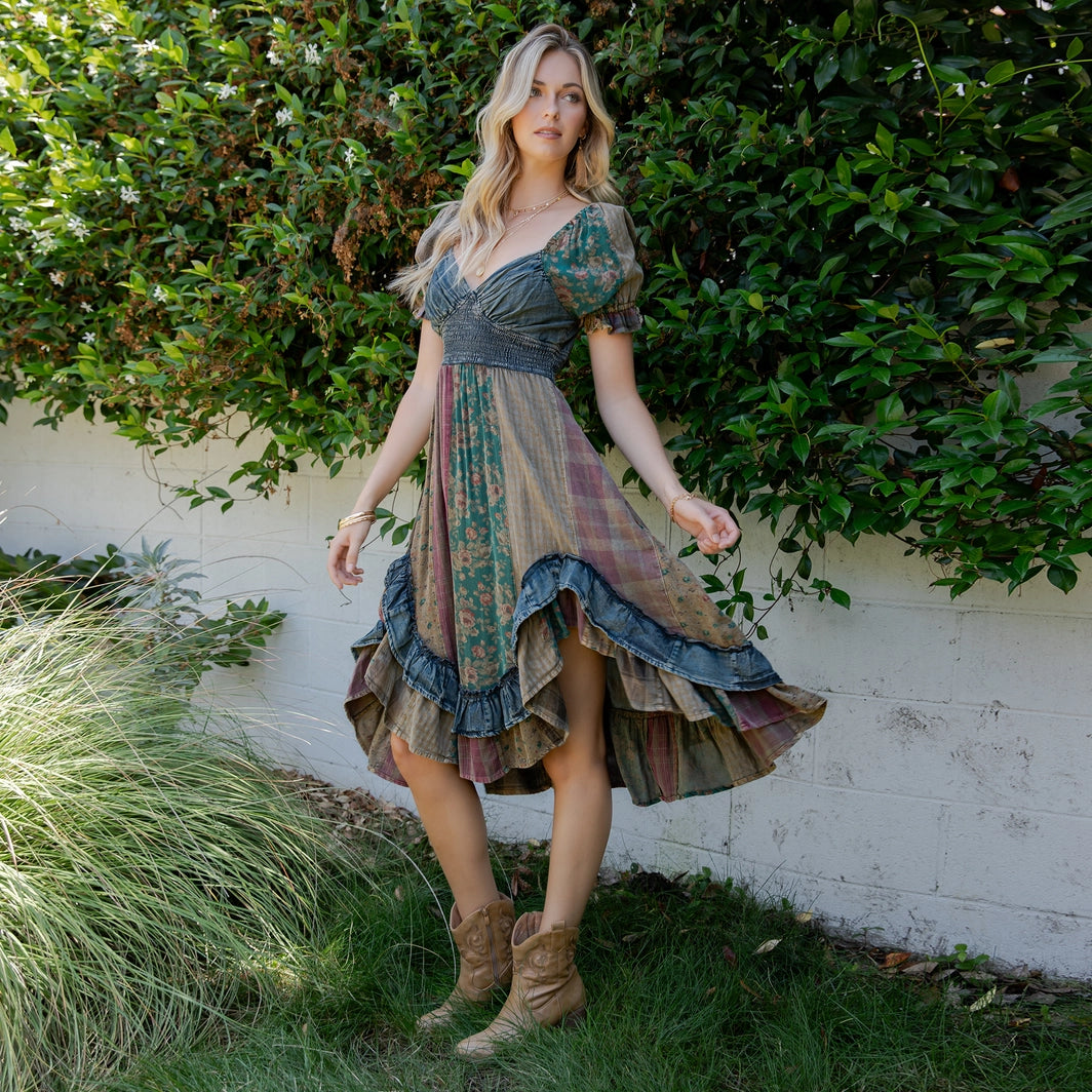 Boho Denim Patchwork Midi Dress