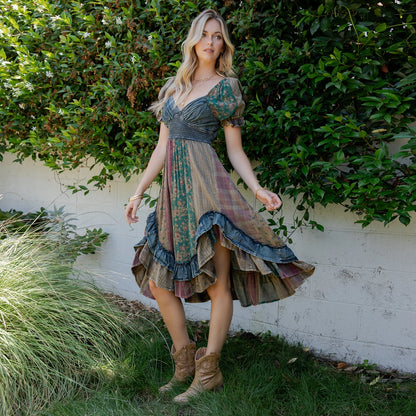 Boho Denim Patchwork Midi Dress