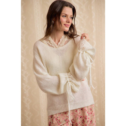 Colette Lace-Trim Hooded Knit Sweater Top
