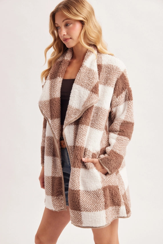 Tahoe Plaid Draped Shawl Collar Teddy Jacket