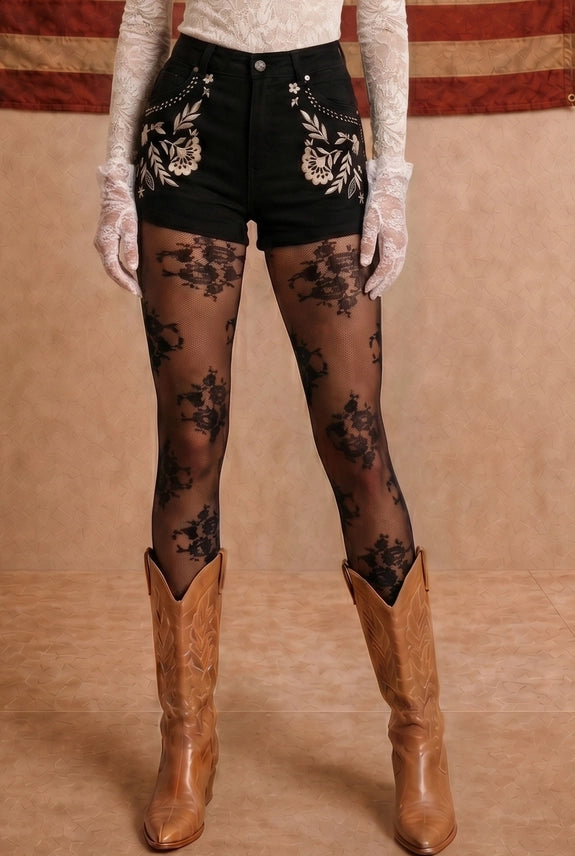 Midnight Studded Fringe Denim Shorts