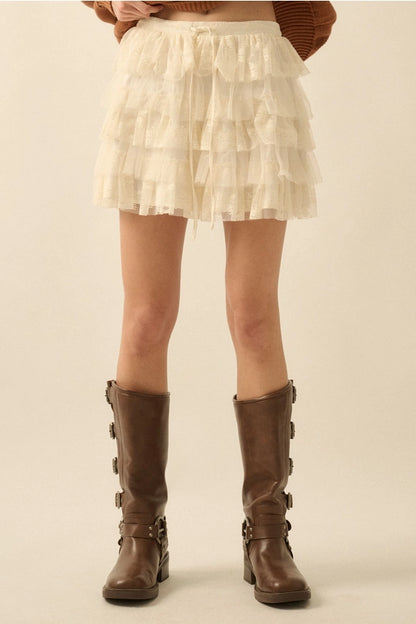 Lace and Tulle Tiered Ruffle Mini Skirt-Cream
