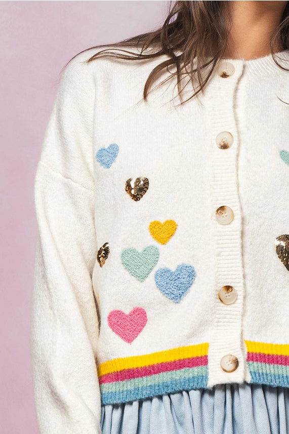 Embroidered Hearts Rainbow Trim Cardigan