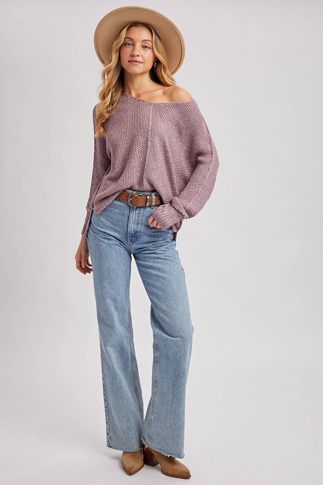 Mauve Mist Reverse Seam Loose Fit Knit Sweater