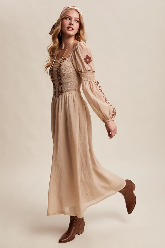 Embroidered Puff Sleeve Maxi Dress - Taupe