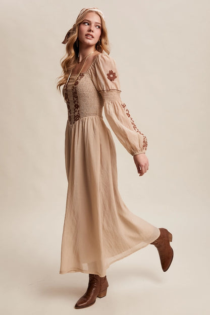 Embroidered Puff Sleeve Maxi Dress - Taupe
