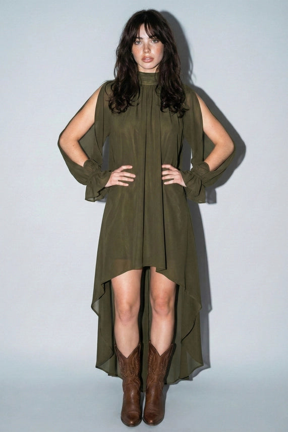 Autumn Radiance Olive High-Low Maxi Dress