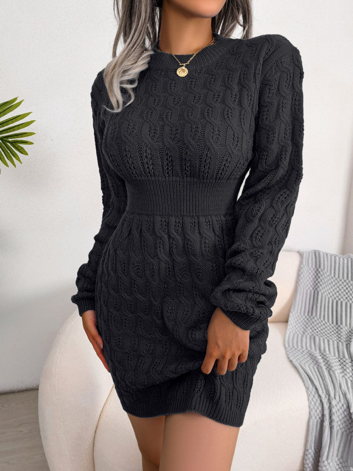 Cable-Knit Round Neck Mini Wrap Sweater Dress