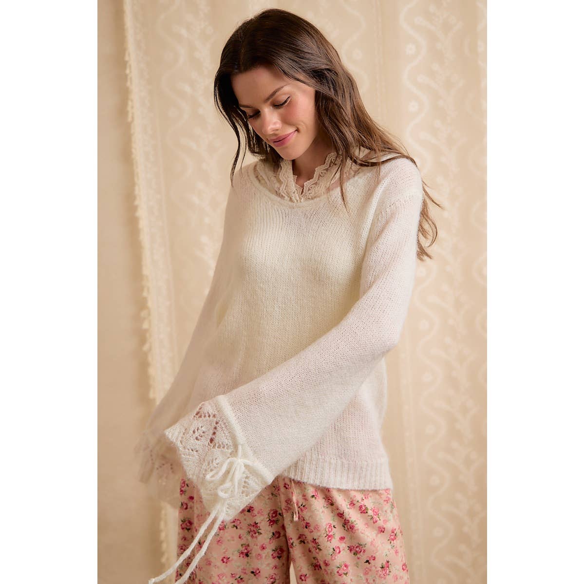 Colette Lace-Trim Hooded Knit Sweater Top