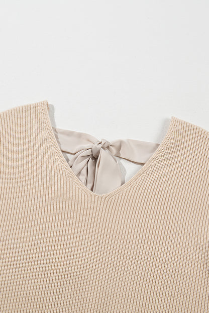 Lantern Sleeve V Neck Knot Back Sweater