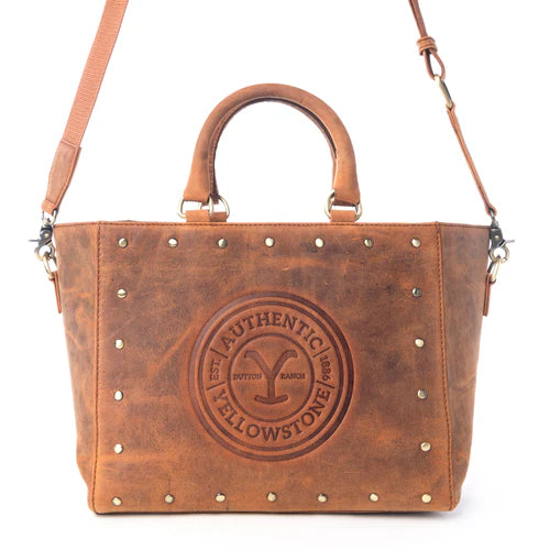 MYRA-Yellowstone Valley Soul Studded & Embossed Tote Leather Bag in Amber