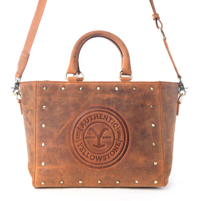 MYRA-Yellowstone Valley Soul Studded & Embossed Tote Leather Bag in Amber