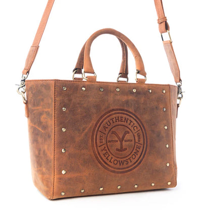 MYRA-Yellowstone Valley Soul Studded & Embossed Tote Leather Bag in Amber