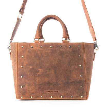 MYRA-Yellowstone Valley Soul Studded & Embossed Tote Leather Bag in Amber