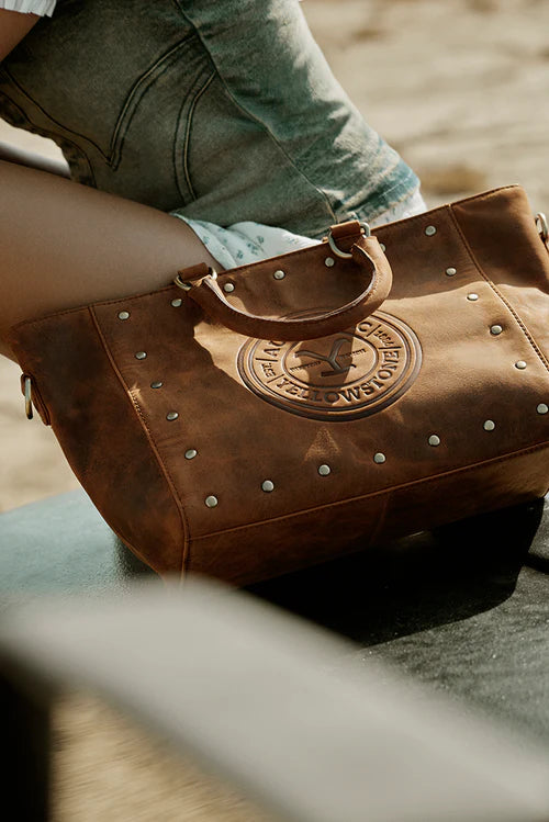 MYRA-Yellowstone Valley Soul Studded & Embossed Tote Leather Bag in Amber