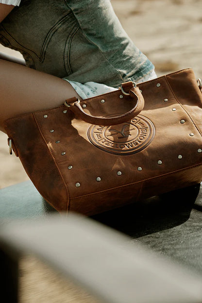 MYRA-Yellowstone Valley Soul Studded & Embossed Tote Leather Bag in Amber