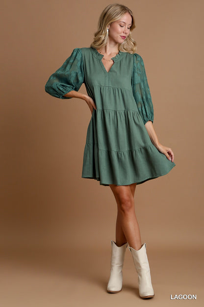 Floral Contrast Sleeve Tiered Dress