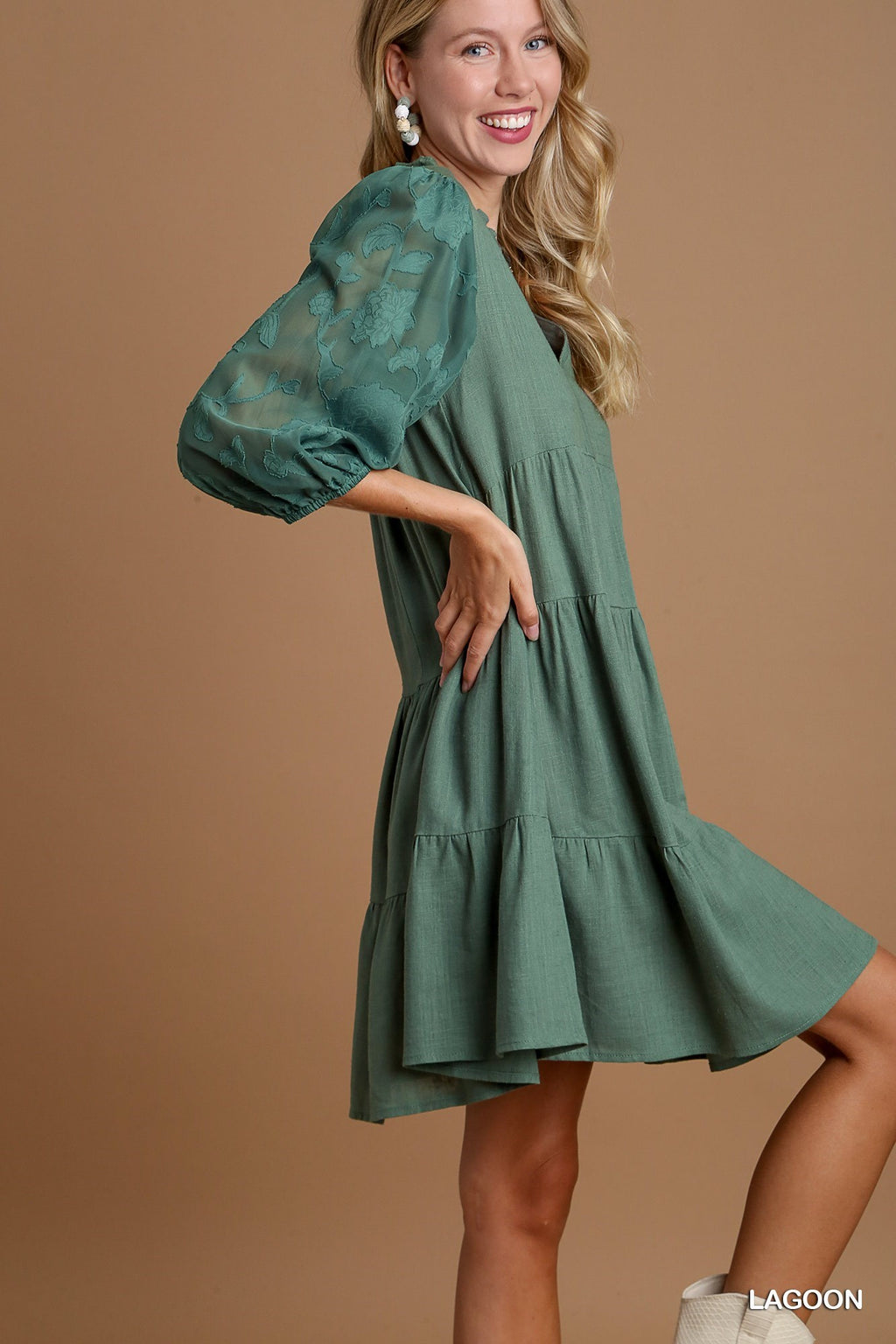 Floral Contrast Sleeve Tiered Dress