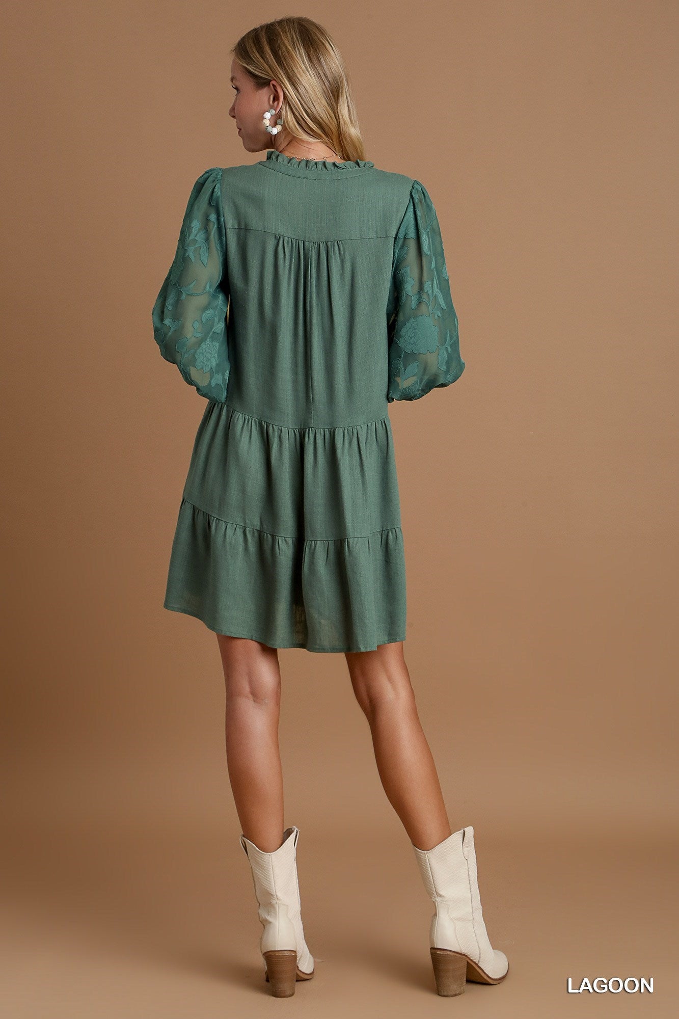 Floral Contrast Sleeve Tiered Dress