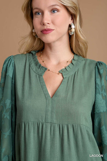 Floral Contrast Sleeve Tiered Dress