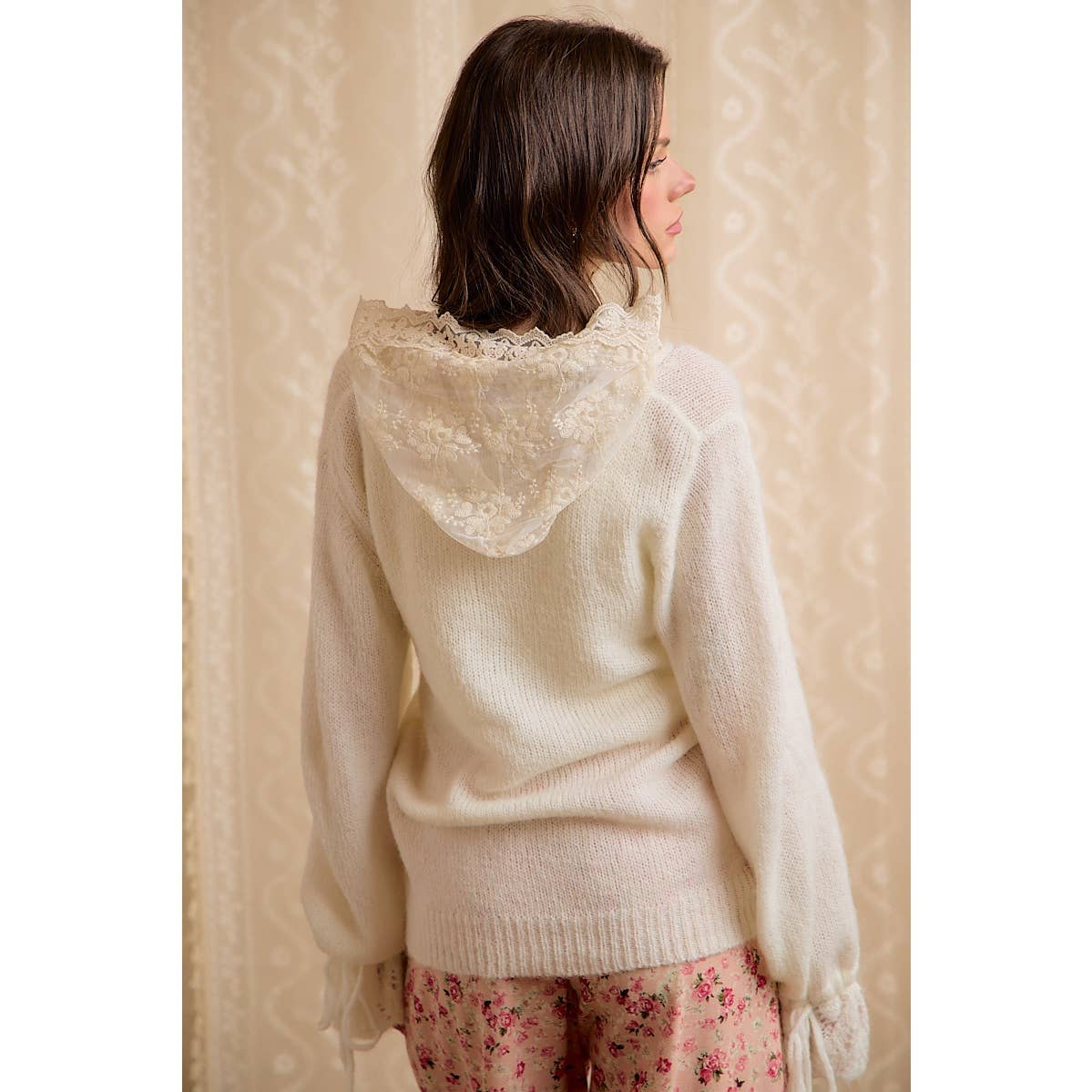 Colette Lace-Trim Hooded Knit Sweater Top