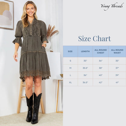 Stone-Washed Baby Doll Dress-Charcoal