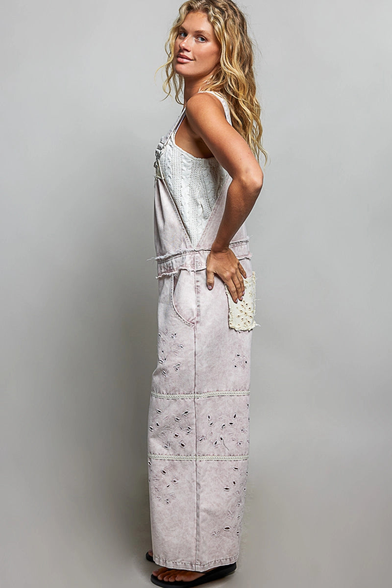 Laser-Cut Trim Denim Overalls