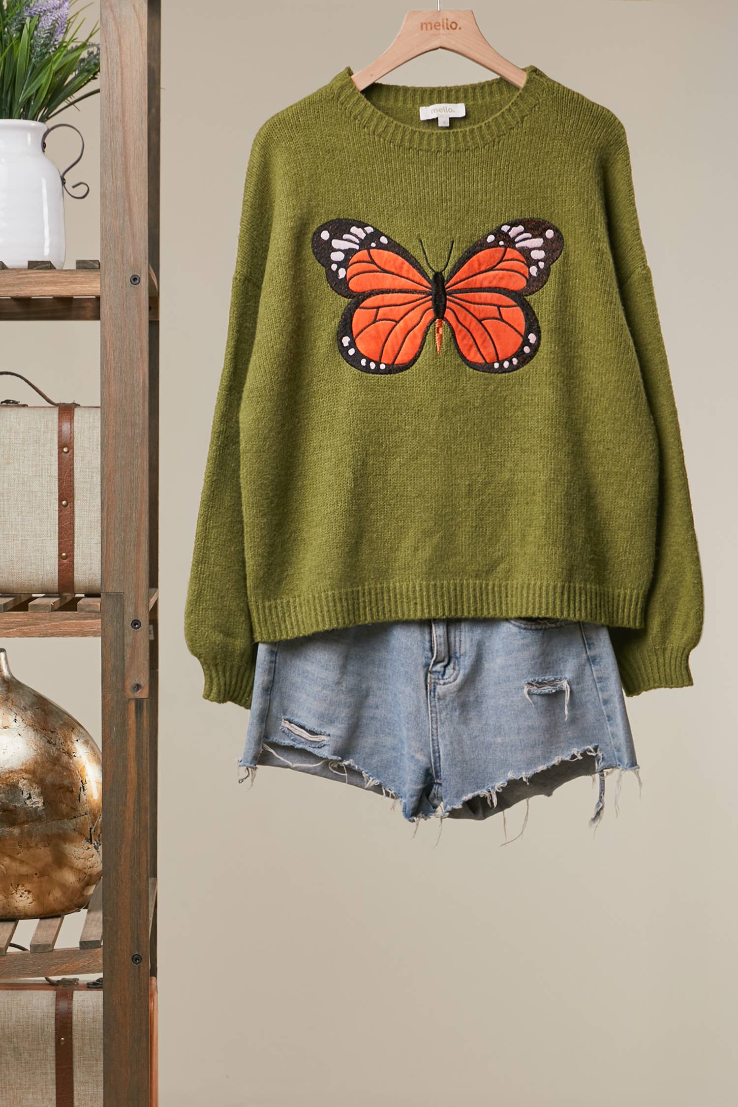 Olive Mariposa Embroidered Sweater