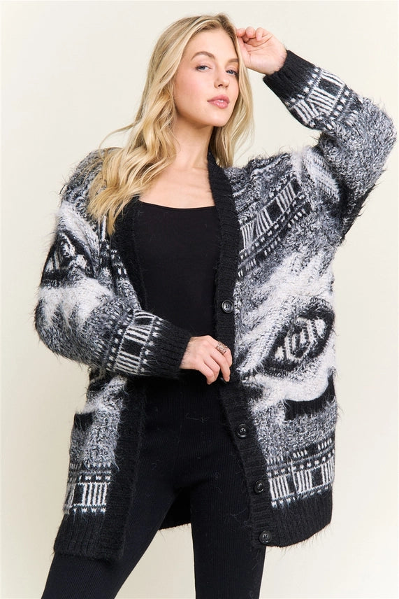 Jacquard Fuzzy Knit Cardigan