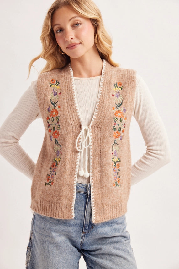 Meadow Vintage Floral Embroidered Tie Vest