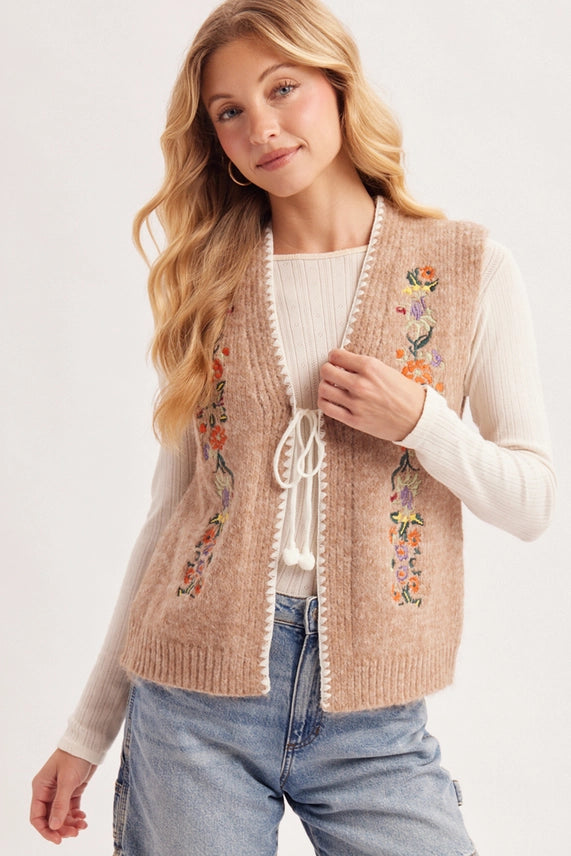 Meadow Vintage Floral Embroidered Tie Vest