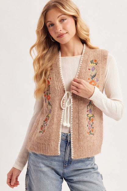 Meadow Vintage Floral Embroidered Tie Vest