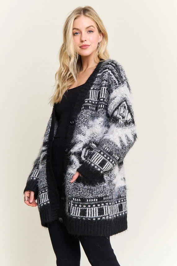 Jacquard Fuzzy Knit Cardigan