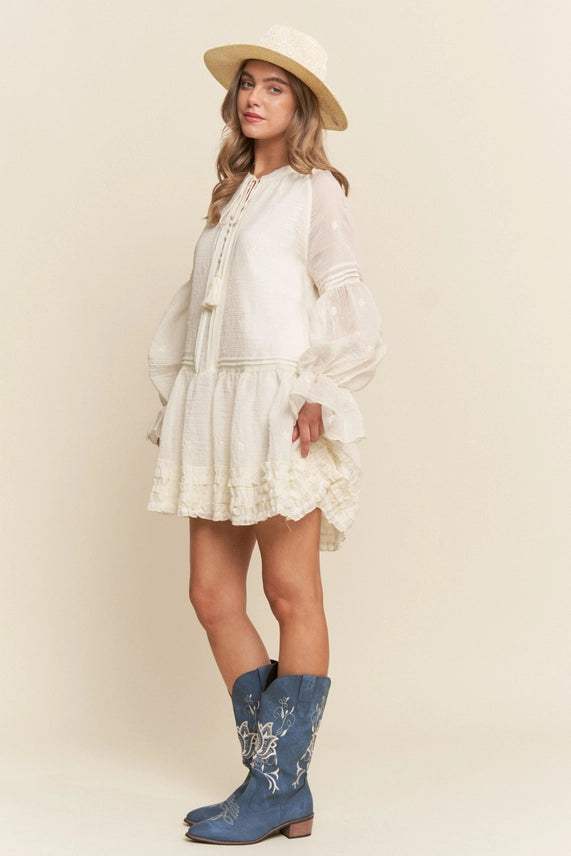 Floral Embroidered Long Sleeve Tassle Dress