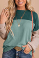 Green Color Block Long Sleeve Ribbed Loose Top