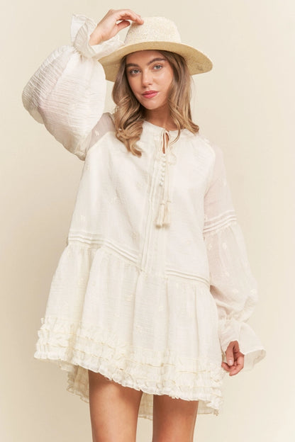 Floral Embroidered Long Sleeve Tassle Dress