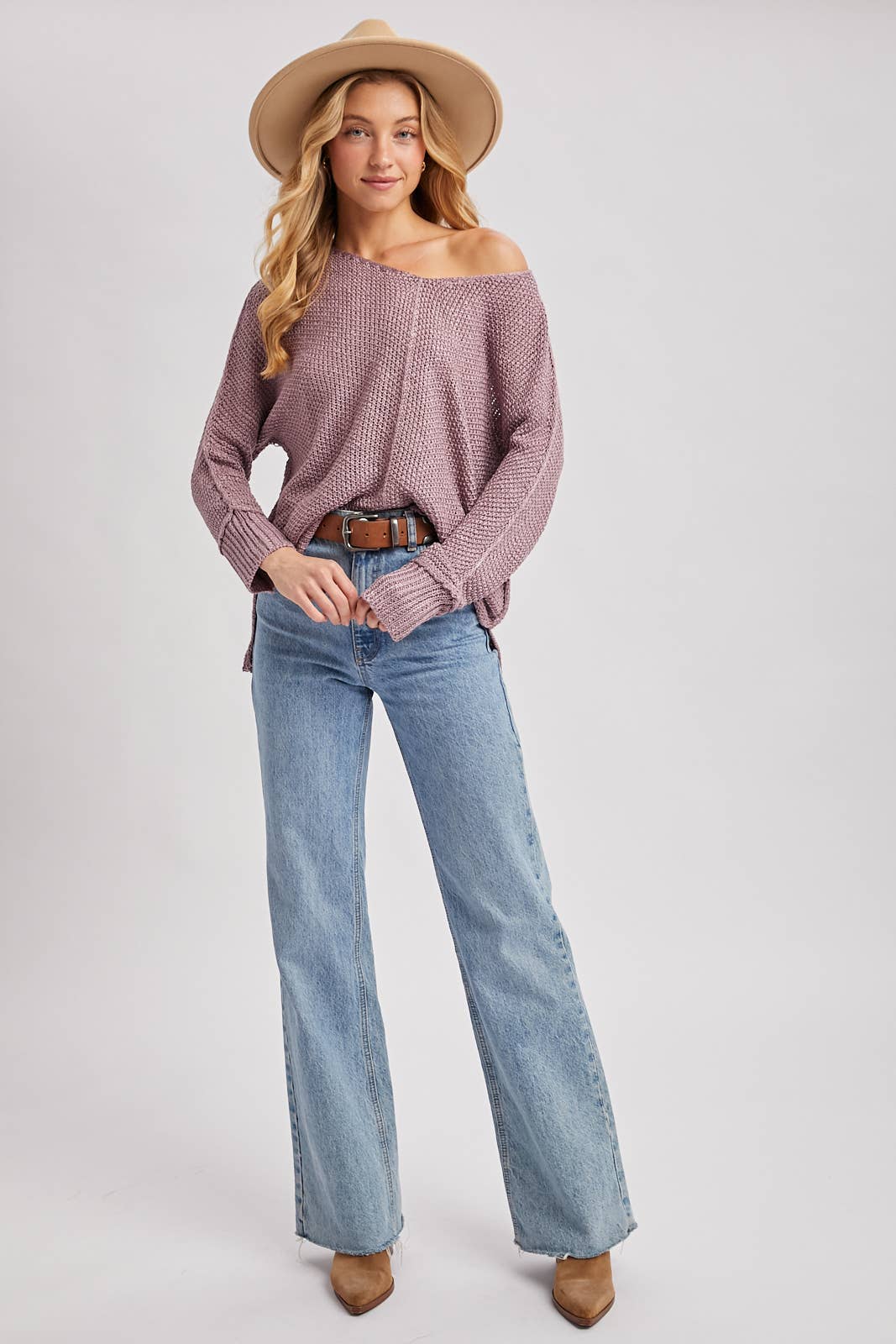Mauve Mist Reverse Seam Loose Fit Knit Sweater