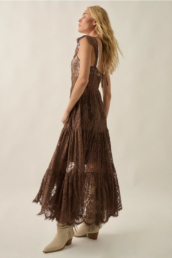 Sheer Floral Lace Button-Front Maxi Duster