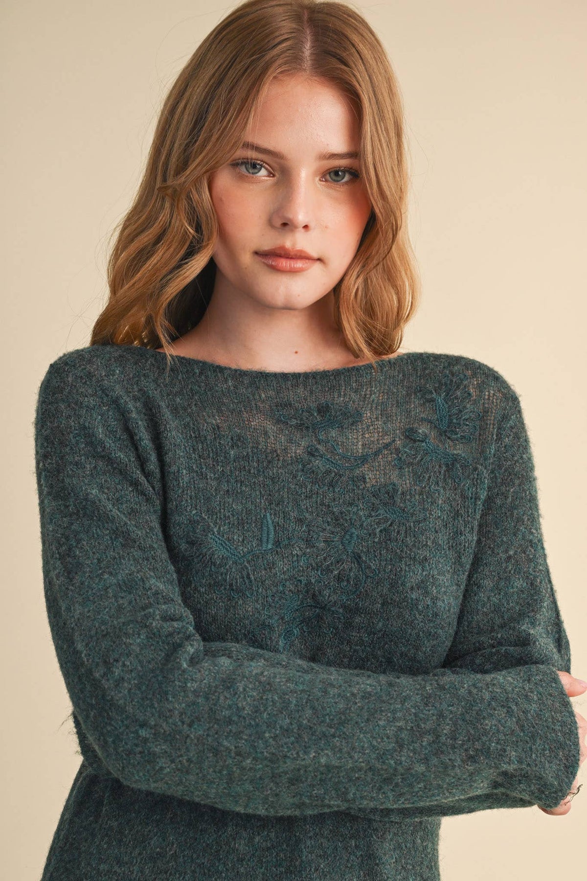 Evelyn Embroidered Boatneck Sweater – Teal Green