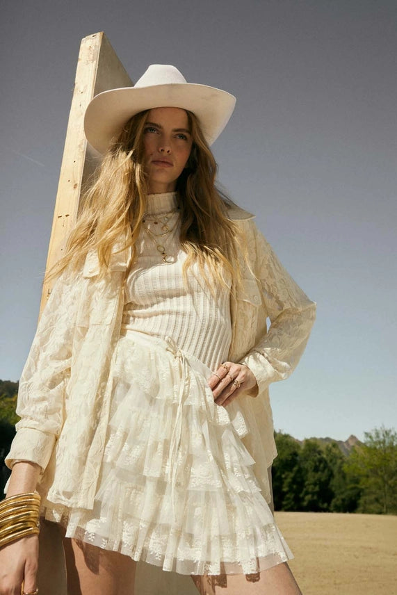 Lace and Tulle Tiered Ruffle Mini Skirt-Cream