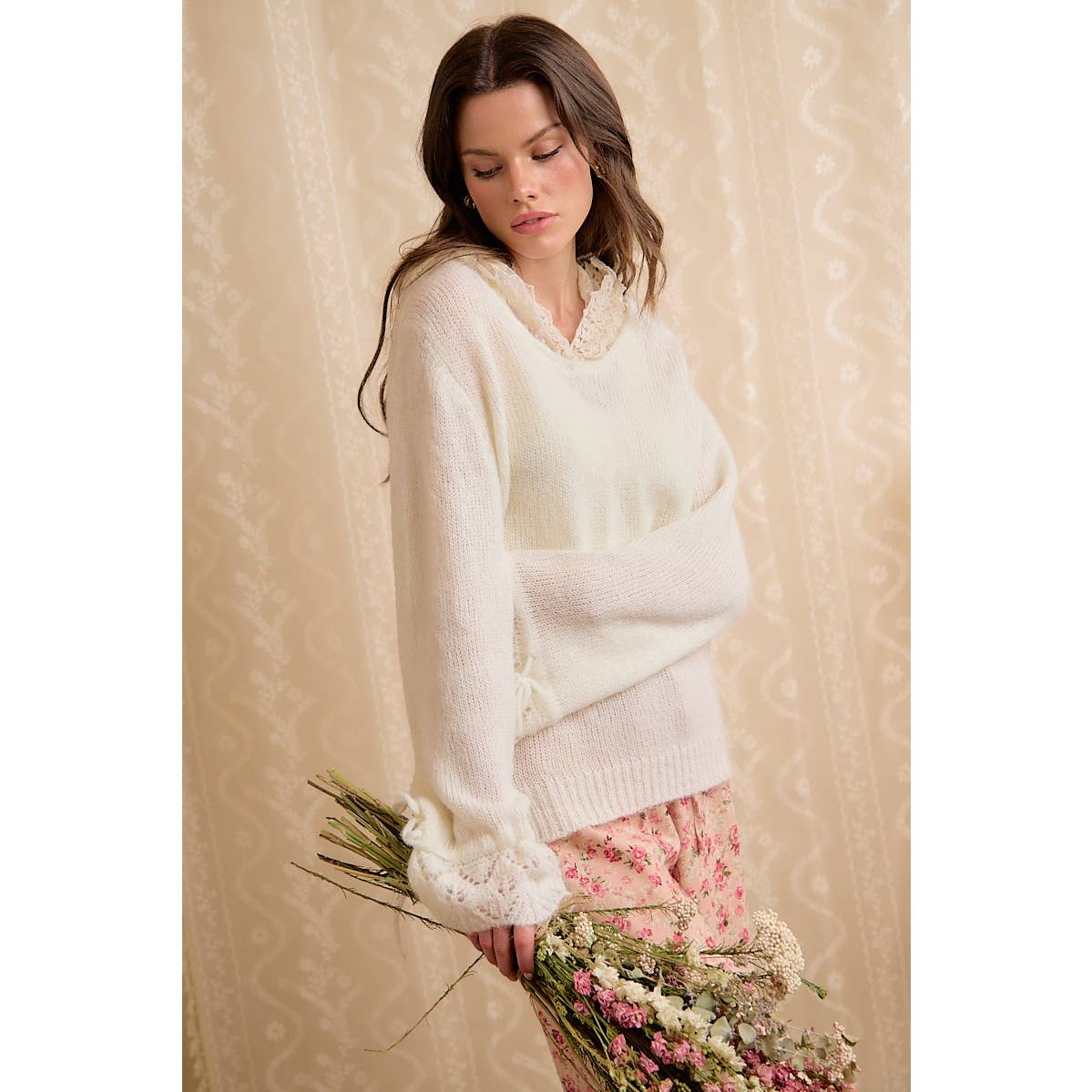 Colette Lace-Trim Hooded Knit Sweater Top