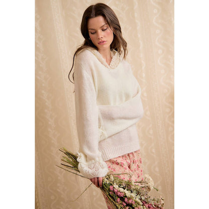 Colette Lace-Trim Hooded Knit Sweater Top