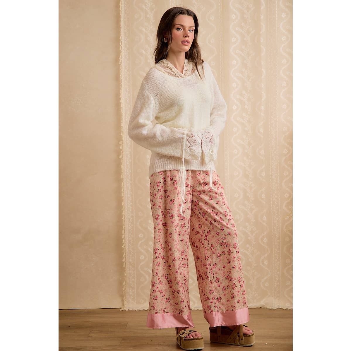 Colette Lace-Trim Hooded Knit Sweater Top