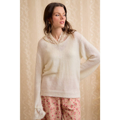 Colette Lace-Trim Hooded Knit Sweater Top
