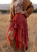 Rust Ruffle Cascade Maxi Skirt