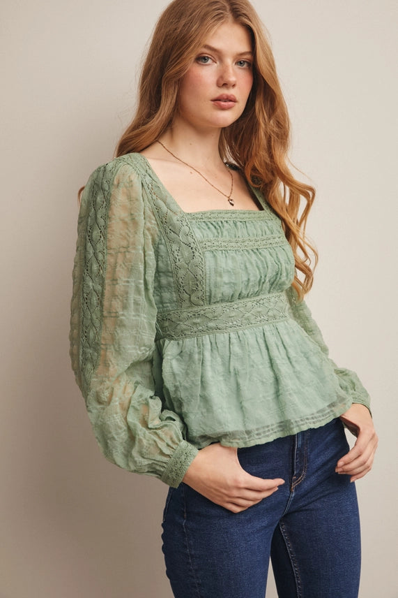 Lace Peplum Long Sleeve Blouse