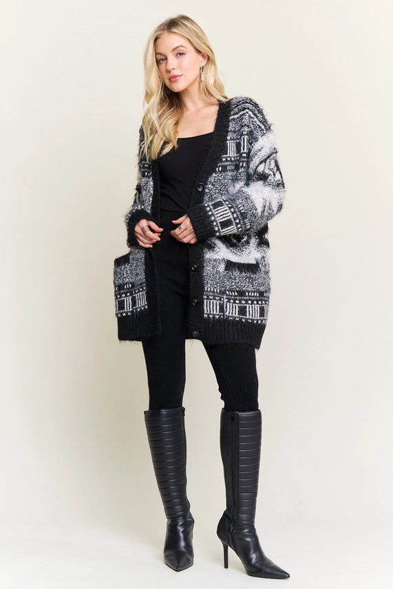 Jacquard Fuzzy Knit Cardigan